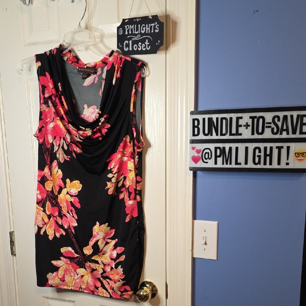 Dana Buchman Large Floral Sleeveless Blouse Cowl Neck Black Hot Pink